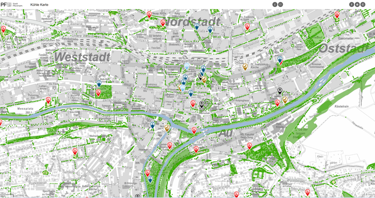 Screenshot: Kühle Karte für Pforzheim im BürgerGIS - copyright:Stadt Pforzheim