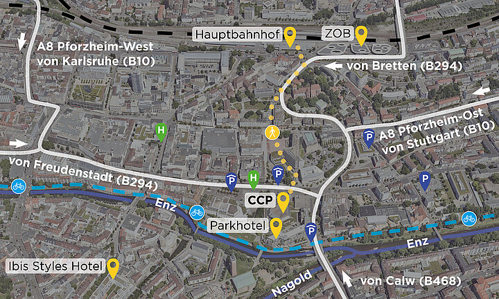 Ansicht: Anreise zum CongressCentrum Pforzheim mit PKW Zug ÖPVN Rad und zu Fuß als Stadtansicht