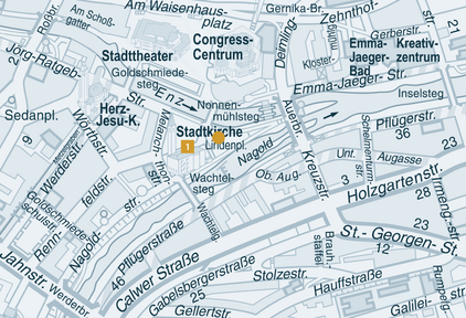 Pforzheimer Stadtplan von 2015 mit Markierungen der beschriebenen Orte und Gebäude. - copyright:Stadt Pforzheim