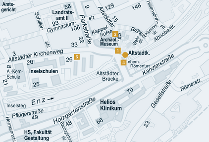 Old Town Bridge, Old Town Church and Archaeological Museum on the Pforzheim city map from 2015. - copyright:Stadt Pforzheim