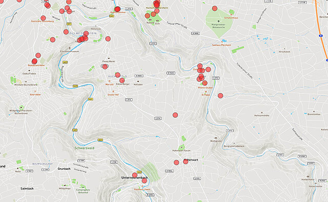 Kartenausschnitt:  Mangelhafte Anbindung der südlichen Ortsteile (alle Verkehrsarten) - copyright:Kartenausschnitt: OpenStreetMap / Grafische Bearbeitung: Kokonsult