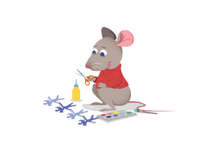 Illustration einer kleinen grauen Maus in einem roten Pullover, die mit einer Schere Papierfiguren ausschneidet. Neben ihr liegen bereits ausgeschnittene Figuren, eine Flasche Kleber und ein Farbkasten mit Pinsel. - copyright: Stadtbibliothek Pforzheim - Ersteller: Stadtbibliothek Pforzheim