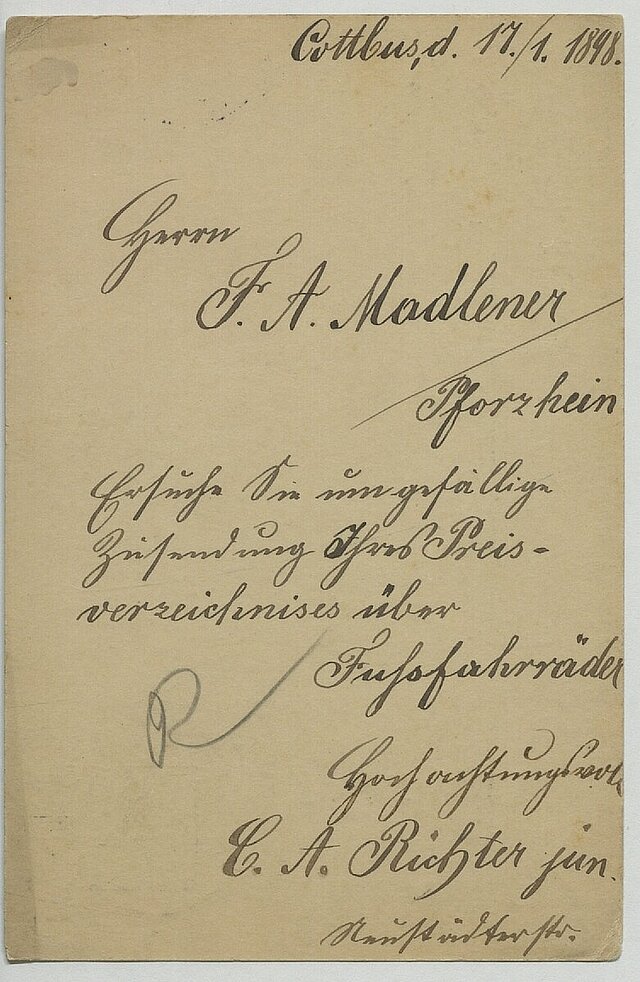 Postkarte an die Firma Madlener