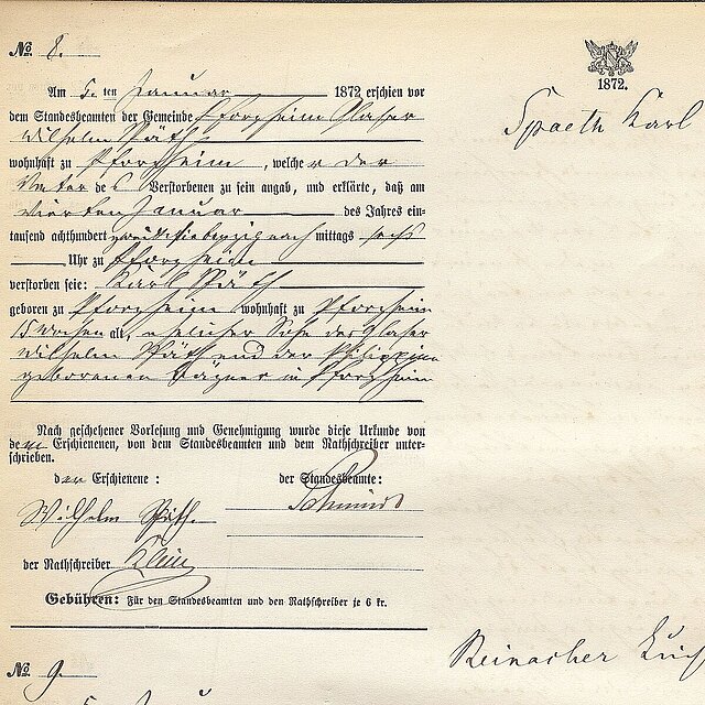 Geburtseintrag von Karl Späth im Sterbebuch 1872, Eintrag Nr. 8, Stadtarchiv Pforzheim, B35-125. - copyright:Stadtarchiv Pforzheim