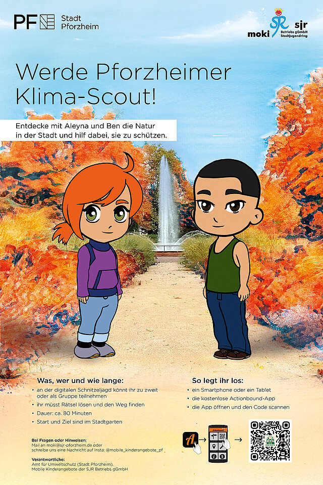 Ein Schild, auf dem geworben wird, Pforzheimer Klimascout zu werden. Im Vordergrund sind zwei Zeichentrickfiguren, eine junge Frau und ein junger Mann. Sie stehen auf einem Weg der zu einem Brunnen führt. Neben dem Weg sind Büsche und Sträucher und Bäume. 