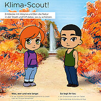 Ein Schild, auf dem geworben wird, Pforzheimer Klimascout zu werden. Im Vordergrund sind zwei Zeichentrickfiguren, eine junge Frau und ein junger Mann. Sie stehen auf einem Weg der zu einem Brunnen führt. Neben dem Weg sind Büsche und Sträucher und Bäume. 