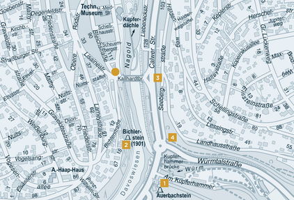 City map of Pforzheim 2015, section of Kallhardtbrücke and surrounding area (arcaded houses, Seehauspfad, Kupferhammer, Davosweg). - copyright:Stadt Pforzheim