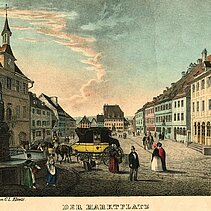 Colorierte Lithographie: Der Norden des Marktplatzes mit Marktbrunnen. - copyright:Stadtarchiv Pforzheim – Institut für Stadtgeschichte; S9-5-I-R-2