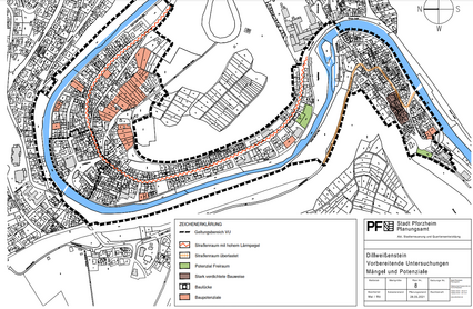 Kartenausschnitt Untersuchungsgebiet: Plan Nr. 8: Mängel und Potenziale - copyright:Stadt Pforzheim