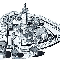 Zeichnung der mittelalterlichen Burg der markgräflichen Residenz in Pforzheim - copyright:Christoph Timm: Pforzheim. Kulturdenkmale im Stadtgebiet. S. 195