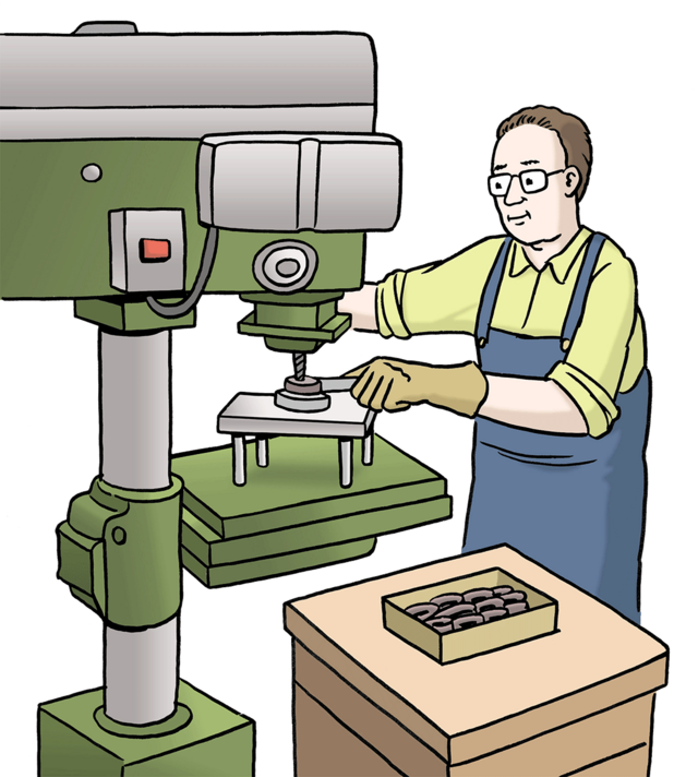 Illustration: Mann arbeitet an einer Maschine - copyright:Lebenshilfe für Menschen mit geistiger Behinderung Bremen e.V
