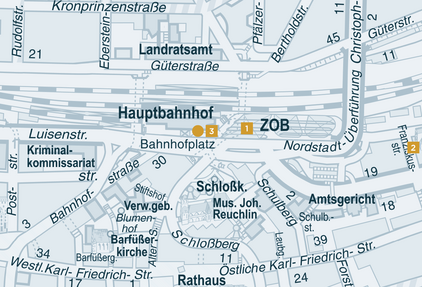 Stadtplan von Pforzheim 2015: Der Bahnhofplatz mit Bahnhof, ZOB und St.-Franziskus-Kirche. - copyright:Stadt Pforzheim