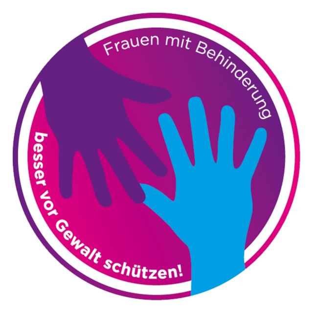 Es ist ein Kreis mit Farbverlauf von Rosa zu Lila zu sehen. Unten ist eine linke, geöffnete, hellblaue Hand im Kreis zu sehen. Oben ist eine linke, geöffnete, lila Hand im Kreis zu sehen. Die beiden Hände berühren sich in der Mitte am Daumen der blauen Hand und Mittelfinger der lila Hand. Am rechten, oberen Kreisrand steht: Frauen mit Behinderung. Am linken, unteren Kreisrand steht: besser vor Gewalt schützen. - copyright:Sonja Fischpera