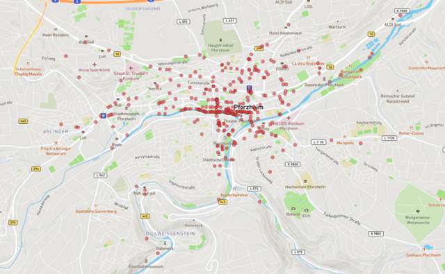 Kartenansicht: Gesamtübersicht Orte mit schlechter Straßenraumaufteilung (alle Verkehrsarten) - copyright:Kartenausschnitt: OpenStreetMap / Grafische Bearbeitung: Kokonsult