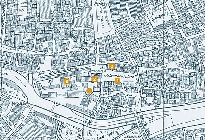 Pforzheimer Stadtplan von 1941 mit Markierungen der beschriebenen Orte und Gebäude. - copyright:Stadt Pforzheim