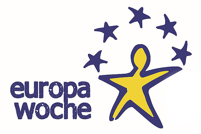 Logo der Europawoche: Blaue Schrift, gelbes Männchen symbolisiert gelben EU-Stern - copyright:stp