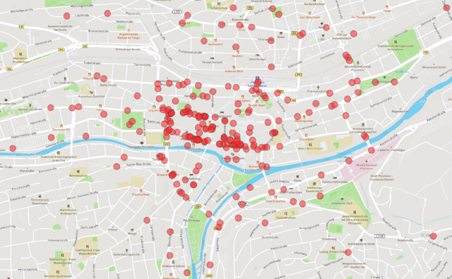 Kartenansicht: Gesamtübersicht Straßenräume mit schlechter Aufenthaltsqualität (alle Verkehrsarten) - copyright:Kartenausschnitt: OpenStreetMap / Grafische Bearbeitung: Kokonsult