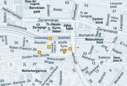 Stadtplan von 2015: Der Turnplatz mit Markierungen der beschriebenen Orte und Gebäude - copyright:Stadt Pforzheim