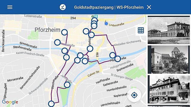 Screenshot eines Tourenverlaufs in der App, inklusive historischer Bilder