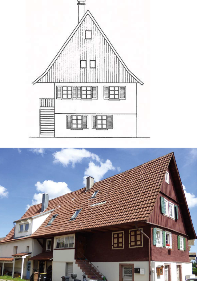 Oben: Grundrisszeichnung, Unten: Farbfoto des Gebäudes von außen - copyright:denk-mal!-Tour Hohenwart