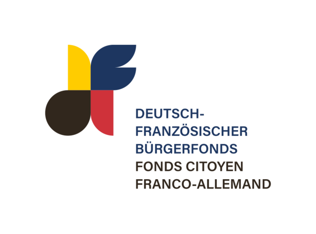 Logo vom Deutsch-Französischen Bürgerfonds. Rechts steht in blauer Schriftfarbe deutsch-französischer Bügerfonds. Darunter die französische Übersetzung in Schwarz. Rechts ist das Logo, das aus einer schwarzer, blauen, roten und gelben Form besteht, die sich in der Mitte berühren - copyright:dfbfonds