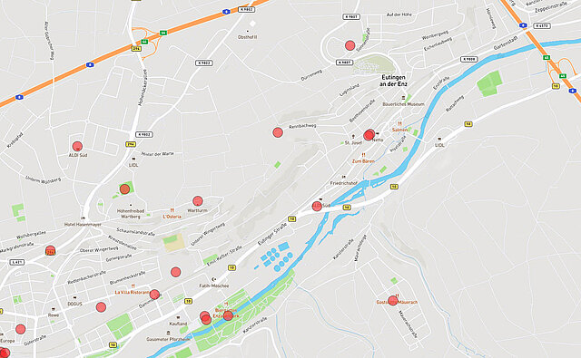 Kartenausschnitt: Schlechte Erreichbarkeit von Orten östlich der Enz (alle Verkehrsarten) - copyright:Kartenausschnitt: OpenStreetMap / Grafische Bearbeitung: Kokonsult
