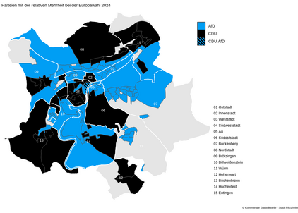 Graphische Darstellung der Wahlsieger der einzelnen Urnenwahlbezirke der Europawahl 2024 - copyright:© Kommunale Statistikstelle – Stadt Pforzheim