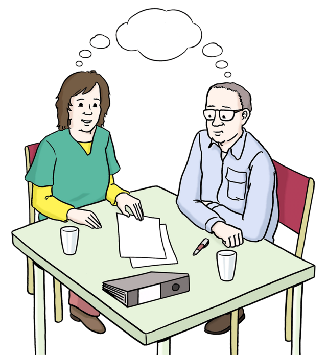 Illustration: Mann und Frau besprechen sich: kleine Arbeitsgruppe - copyright:Lebenshilfe für Menschen mit geistiger Behinderung Bremen e.V.