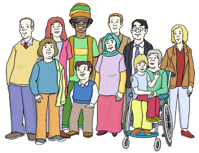 Illustration: Menschen verschiedener Hautfarbe und Herkunft, mit und ohne Behinderung; Symbolbild für Inklusion - copyright:Lebenshilfe für Menschen mit geistiger Behinderung Bremen e.V.