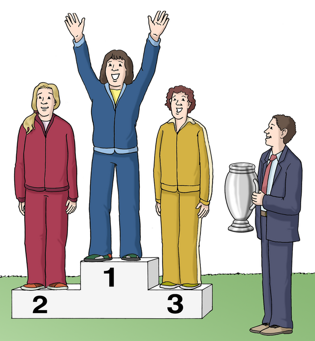 Illustration: Siegertreppchen, daneben ein Mann mit Pokal - copyright:Lebenshilfe für Menschen mit geistiger Behinderung Bremen e.V.