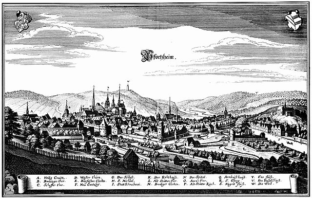 Schwarz-Weiß-Bild von Pforzheim, wie es im 17. Jahrhundert ausgesehen hat