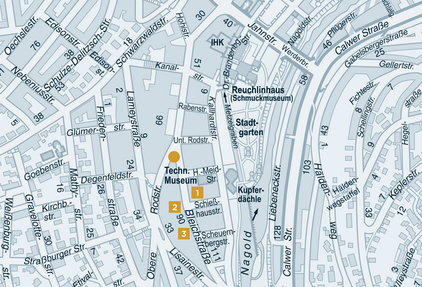 City map from 2015 with markings of the places and buildings described. - copyright:Stadt Pforzheim