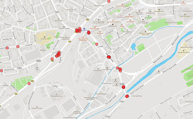 Kartenansicht: Schlechte Querbarkeit in Brötzingen (zu Fuß/mit Rollstuhl, Fahrrad/E-Bike) - copyright:Kartenausschnitt: OpenStreetMap / Grafische Bearbeitung: Kokonsult