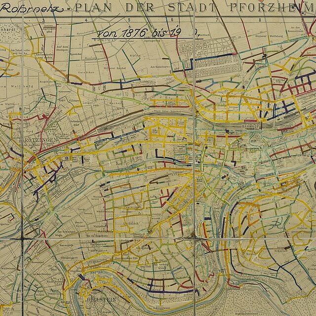 Wasserrohrnetzplan der Stadtwerke Pforzheim aus dem Jahr 1929. Die Farben machen das Alter der Leitungen ersichtlich. Stadtarchiv Pforzheim, B81-1006