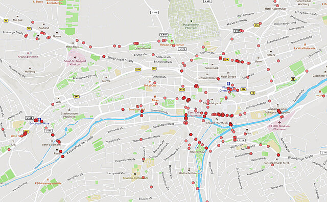 Kartenansicht: Gesamtübersicht schlecht zu überquerender Straßenbereiche (zu Fuß/mit Rollstuhl, Fahrrad/E-Bike) - copyright:Kartenausschnitt: OpenStreetMap / Grafische Bearbeitung: Kokonsult
