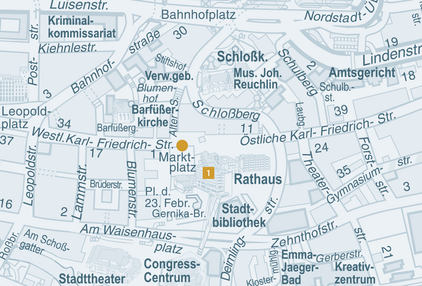 Plan von 2015 mit Markierung Neues Rathaus. - copyright:Stadt Pforzheim
