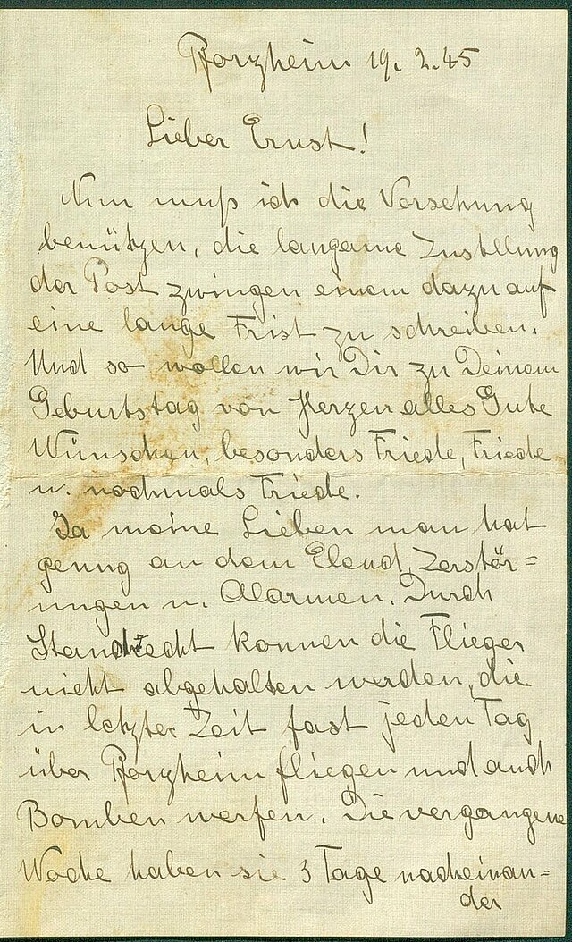 Abb. 2: Brief von Ehepaar Rudolf und Anna über den Kriegsalltag in Pforzheim (erste Seite), verfasst am 19.2.1945 
