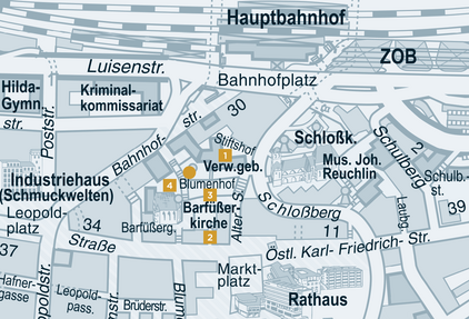 Pforzheimer Stadtplan von 2015 mit Blumenhof, Blumenhofbau und ehemaliges Verwaltungsgebäude des Landkreises Pforzheim. - copyright:Stadt Pforzheim