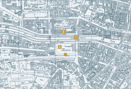 Stadtplan von 1941: Der Turnplatz und die umliegenden historischen Gebäude - copyright:Stadt Pforzheim