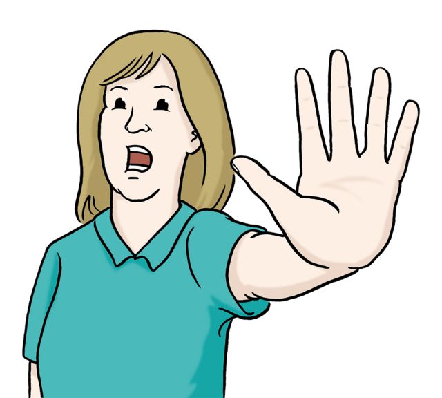 Illustration: Gestreckte Finger, Handfläche nach vorn: Eine Frau wehrt ab: Halt! Stopp! - copyright:Lebenshilfe für Menschen mit geistiger Behinderung Bremen e.V.
