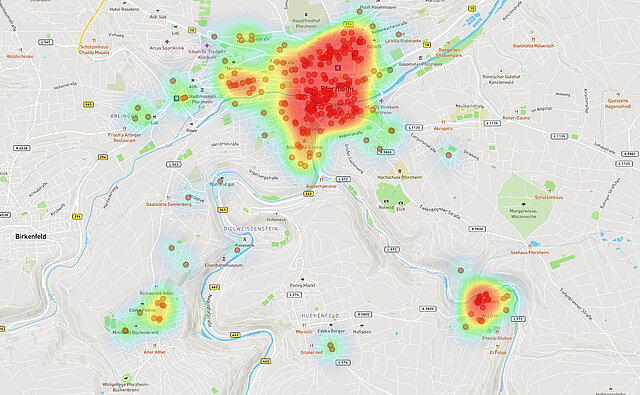 Kartenansicht: Gesamtübersicht störende parkende Fahrzeuge im Kernstadtbereich und den südlichen Stadtteilen (2) - copyright:Kartenausschnitt: OpenStreetMap / Grafische Bearbeitung: Kokonsult
