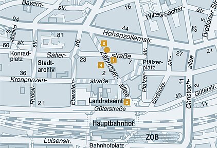 Pforzheimer Stadtplan 2015: Die beschriebenen Gebäude und Orte rund um die Zähringerallee nach 1945.  - copyright:Stadt Pforzheim