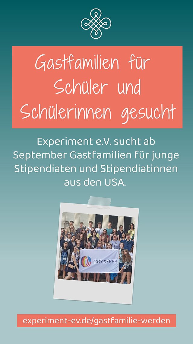 farbiges Plakat: Experiment e.V. sucht Gastfamilien 