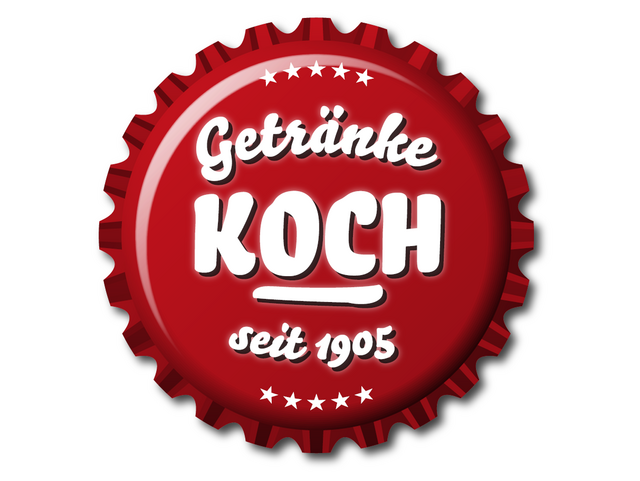 Auf einem roten Kronkorken steht Getränke Koch seit 1905 in drei Zeilen. Am oberen und unteren Rand sind jeweils 5 kleine Sterne abgebildet. - copyright:Getränke Koch