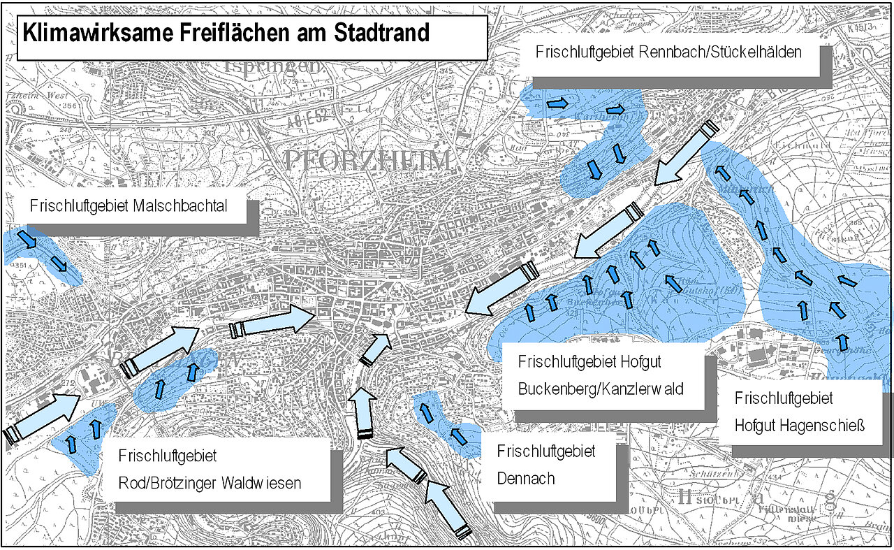Karte Kaltluftströmungen Pforzheim Karte: Kaltluftströmung