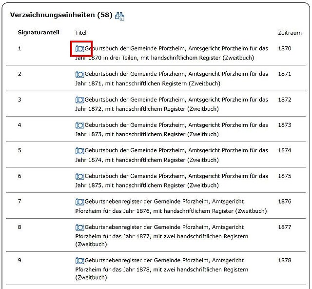 Navigationsbereich des Online-Portals des Stadtarchivs Pforzheim. Blau markiert ist der Weg von der Startseite zum Bestand, grün markiert ist die Navigation innerhalb des Bestands B35 bis zu den Personenstandsbüchern. Das Foto-Symbol auf der Liste der Verzeichnungseinheiten führt direkt zum Namensverzeichnis des jeweiligen Bandes – hier rot markiert ist B35-1, Geburtsbuch der Stadt Pforzheim des Jahres 1870. - copyright:Stadtarchiv Pforzheim