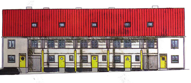 Farbige Skizze des Gebäudes, Vorderansicht - copyright:Herkommer und Holzer