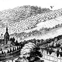 Ausschnitt „Pforzheim“, mittelalterliche Stadtansicht von Westen, kupfergestochen. Vor 1643. - copyright:gemeinfrei