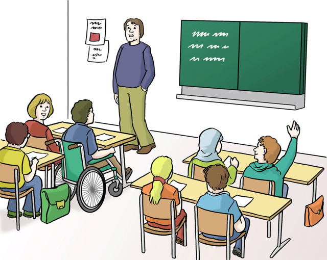 Illustration: Ein Klassenzimmer. - copyright:Lebenshilfe für Menschen mit geistiger Behinderung Bremen e.V.