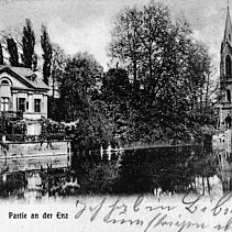 Ansichtskarte um 1900, Zeichnung der Villa Finkenstein/Ehrismann, schwarz-weiß. - copyright:Stadtarchiv Pforzheim – Institut für Stadtgeschichte, S1-7-1-14-R-21